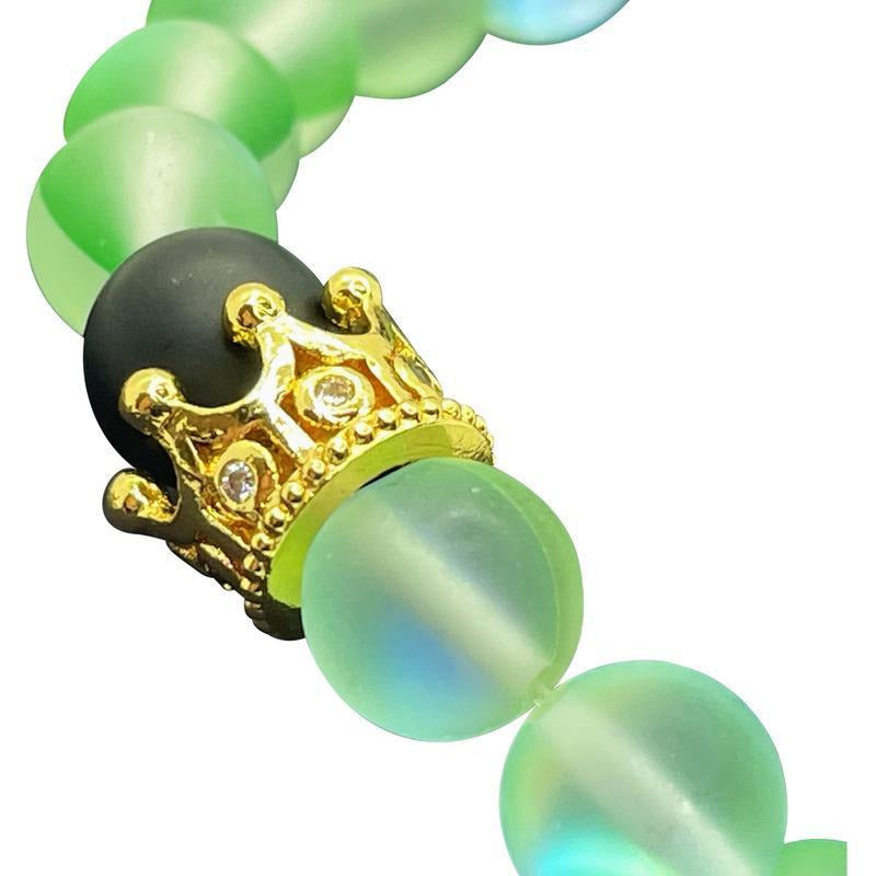 Green Angel Glass Bracelet - Black Onyx & Golden Crystal Crown-Bracelet-AuraGlee-AuraGlee