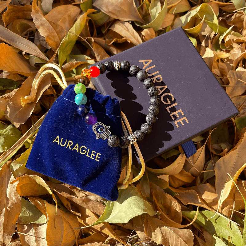 Hand Of God Chakra Lava Stone Bracelet With Evil Eye Protection-Bracelet-AuraGlee-Stretchable-AuraGlee